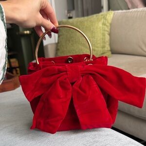 Elegant Red Velvet Handbag With Bow detail